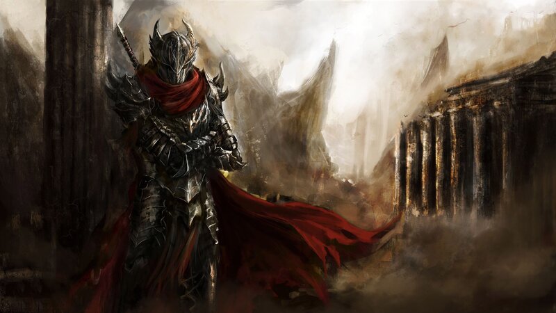 Armored Knight with Red Cape — Black, Dramatic