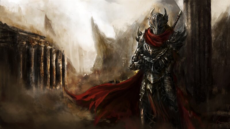Armored Knight with Red Cape — Dramatic, Digital Art, Ruins