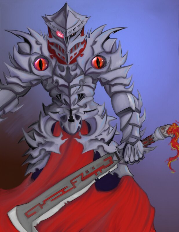 armored knight with red eyes