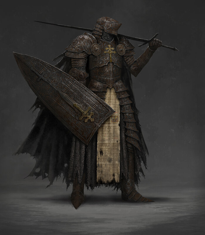 Armored Knight with Shield — Black, Dramatic, Digital Art, Sword