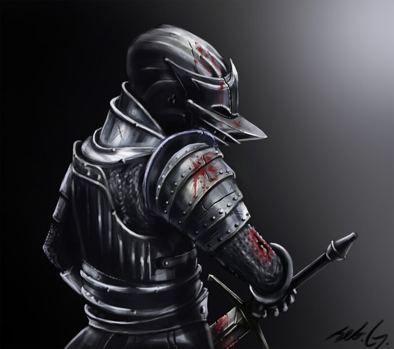 Armored Knight with Sword — Black, Dramatic, Digital Art, Blood