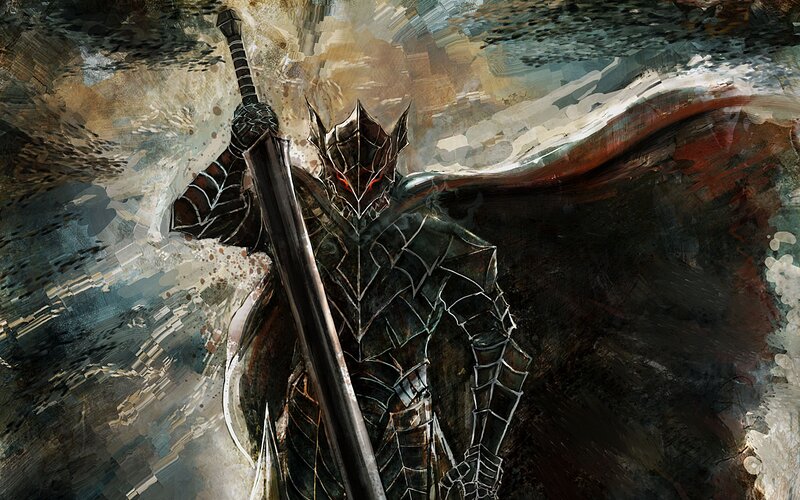 Armored Knight with Sword — Black, Dramatic, Digital Art, Cape