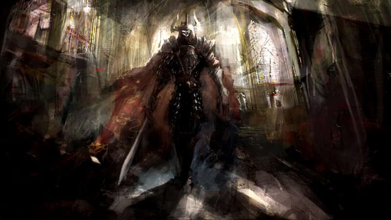 Armored Knight with Sword — Black, Dramatic, Digital Art, Castle