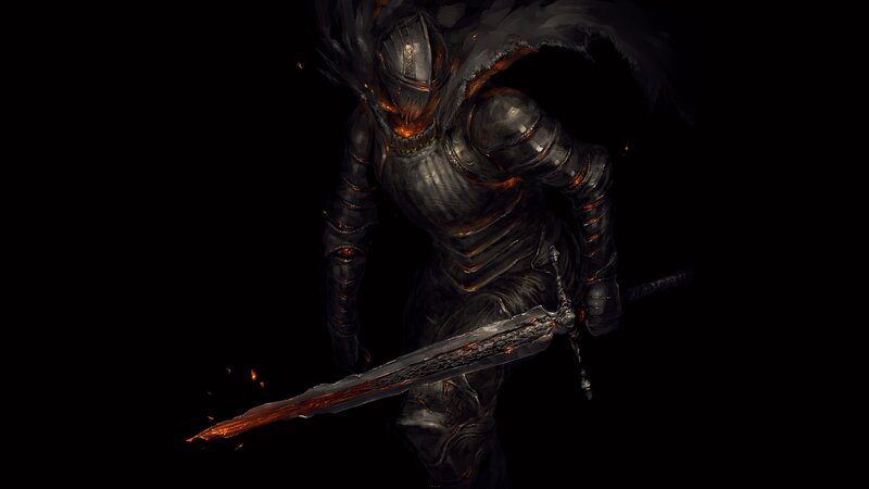 Armored Knight with Sword — Black, Dramatic, Night, Digital Art, Armor, Fire