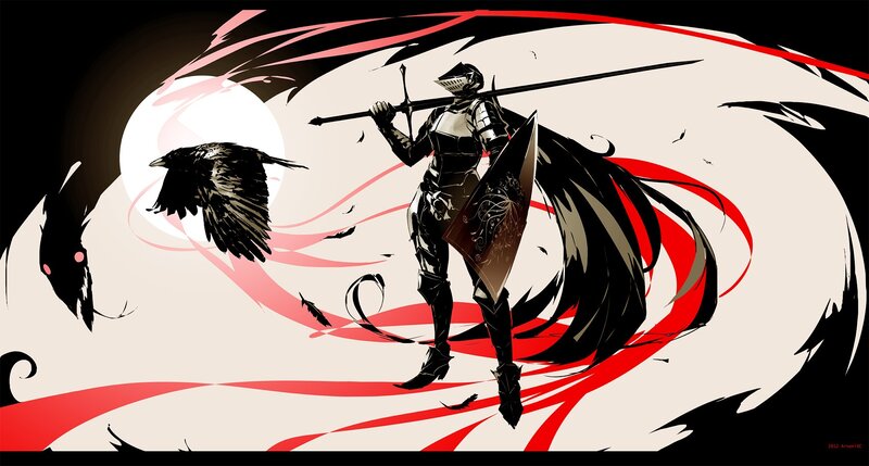 Armored Knight with Sword — Black, Dramatic, Night, Digital Art, Crow