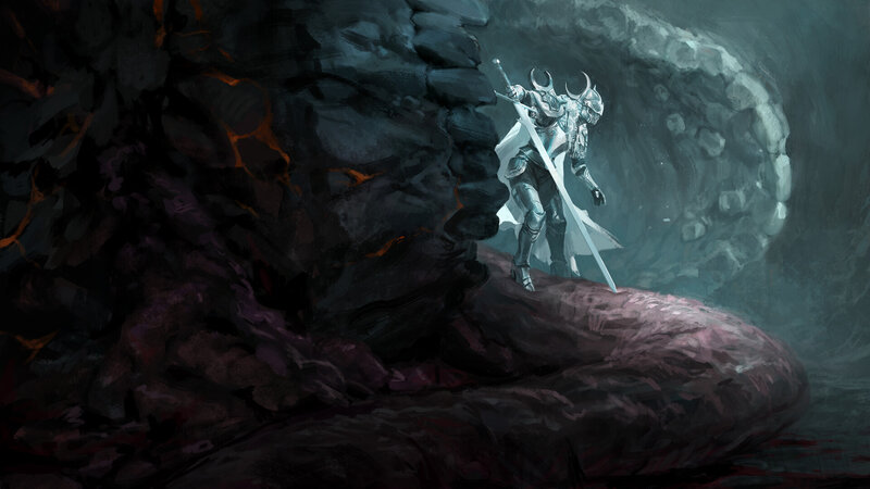 Armored Knight with Sword — Gray, Dramatic, Digital Art, Cave