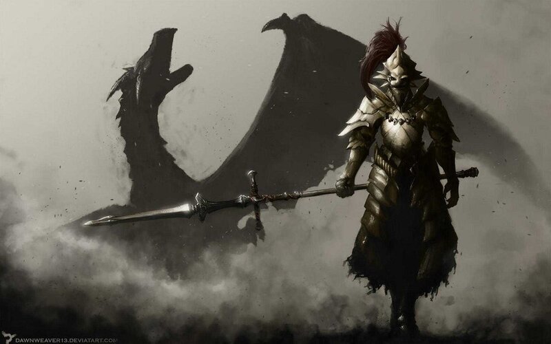 Armored Knight with Sword — Gray, Dramatic, Digital Art, Dragon Shadow