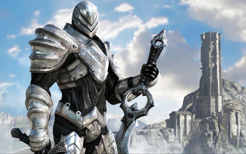 Armored Knight with Sword — Silver, Dramatic, Afternoon