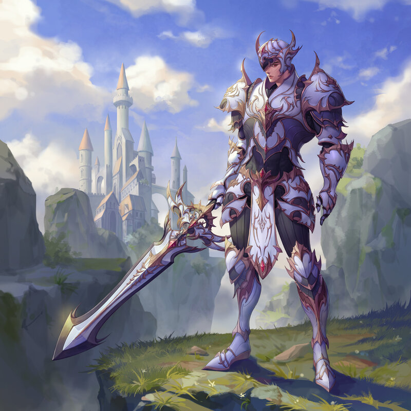 Armored Knight with Sword — White, Dramatic, Afternoon