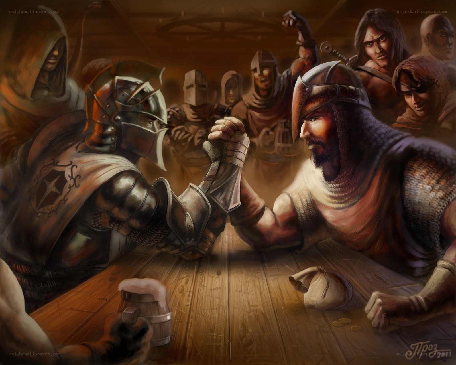 Armored men arm wrestling