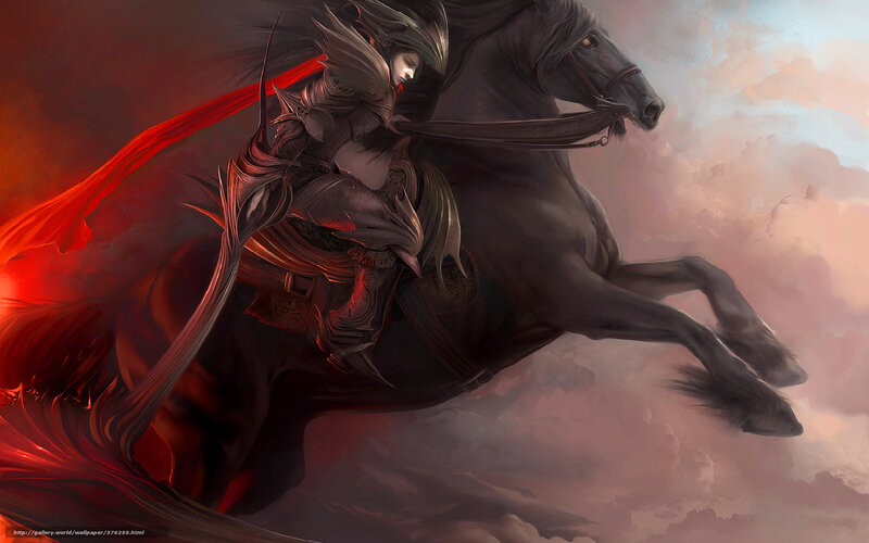 Armored Rider on Black Horse — Dramatic, Sunset, Digital Art, Red Cape
