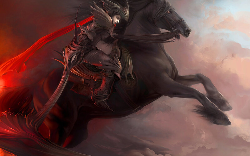 Armored Rider on Black Horse — Dramatic, Sunset, Digital Art