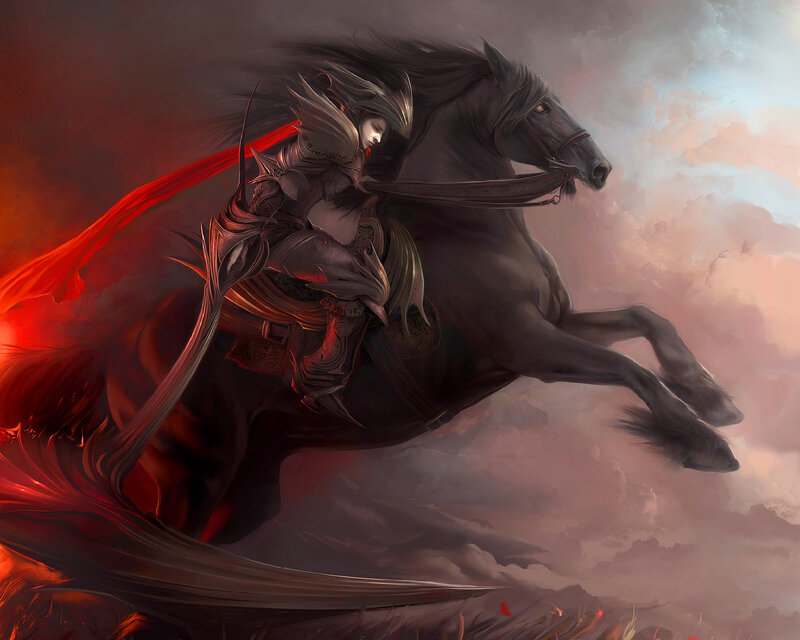 Armored Rider on Black Horse — Dramatic, Sunset