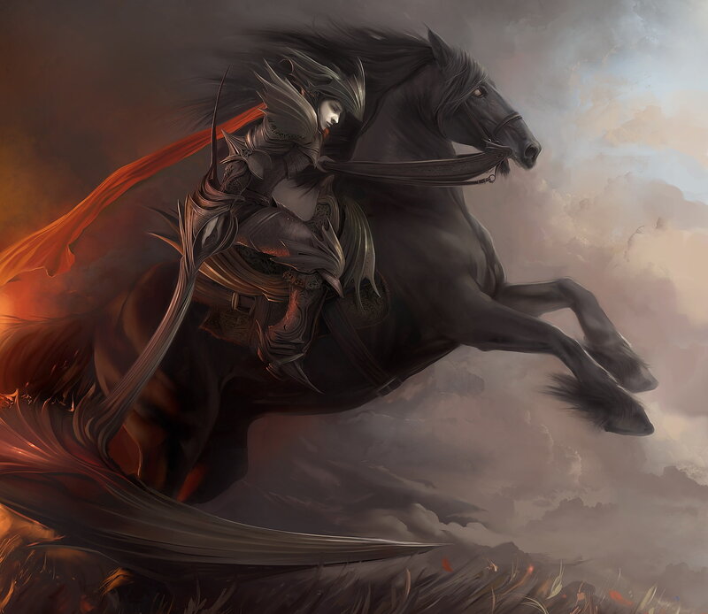 Armored Rider on Black Horse — Dramatic