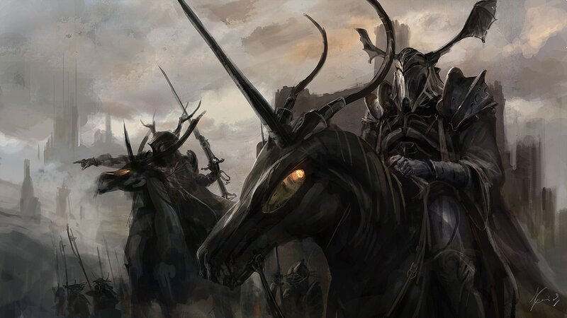 Armored Riders on Dark Horses — Gray, Dramatic