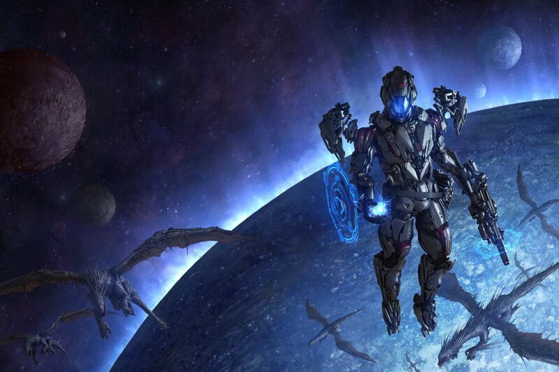 Armored Soldier in Space — Blue, Dramatic