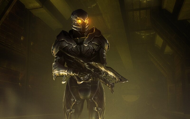 armored soldier with glowing eyes