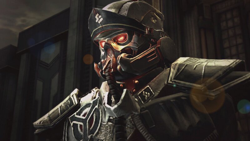 Armored Soldier with Red Eyes — Gray, Dark, Dramatic