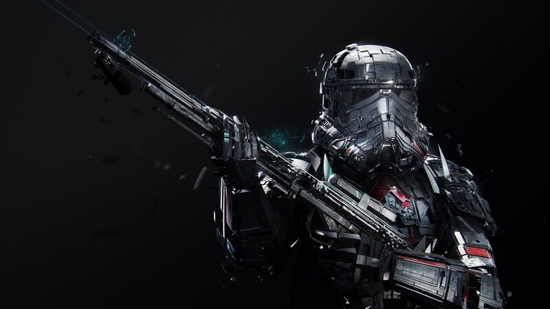 Armored Soldier with Rifle — Black, Dramatic, 3d Render