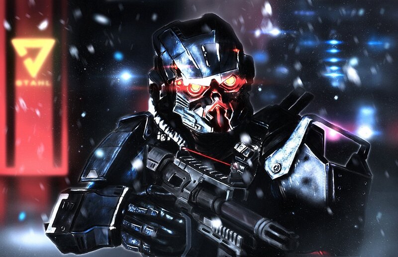 Armored Soldier with Rifle — Black, Dramatic, Night