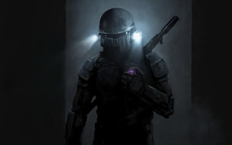 Armored Soldier with Weapon — Black, Dramatic, Night, Digital Art, Helmet