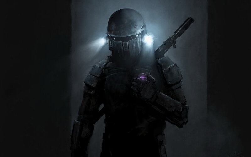 Armored Soldier with Weapon — Black, Dramatic, Night, Digital Art