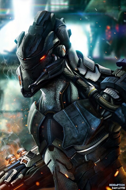 Armored Soldier with Weapon — Gray, Dramatic, Digital Art