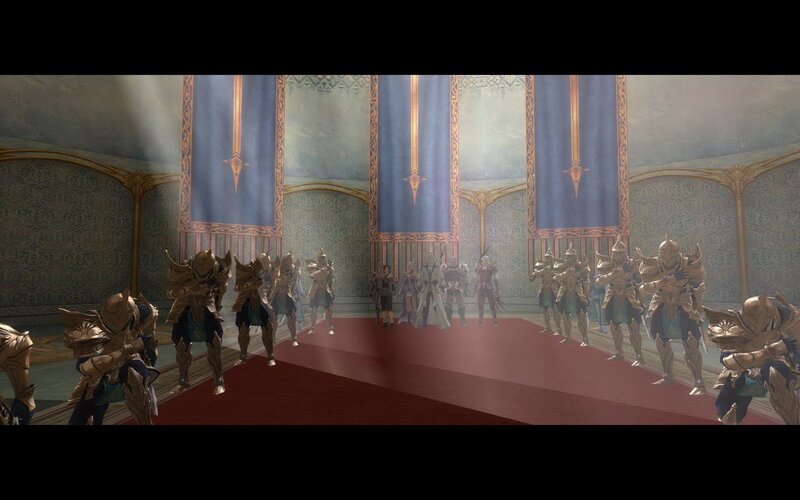 armored soldiers in a grand hall