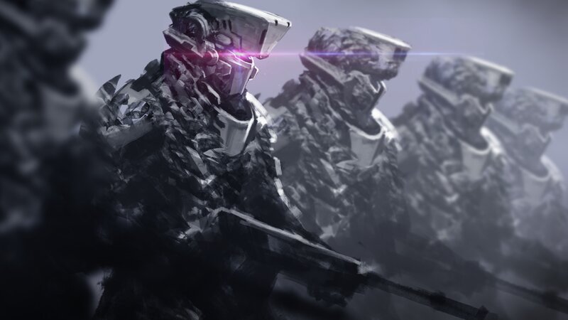 Armored Soldiers in Formation — Gray, Dramatic, Digital Art