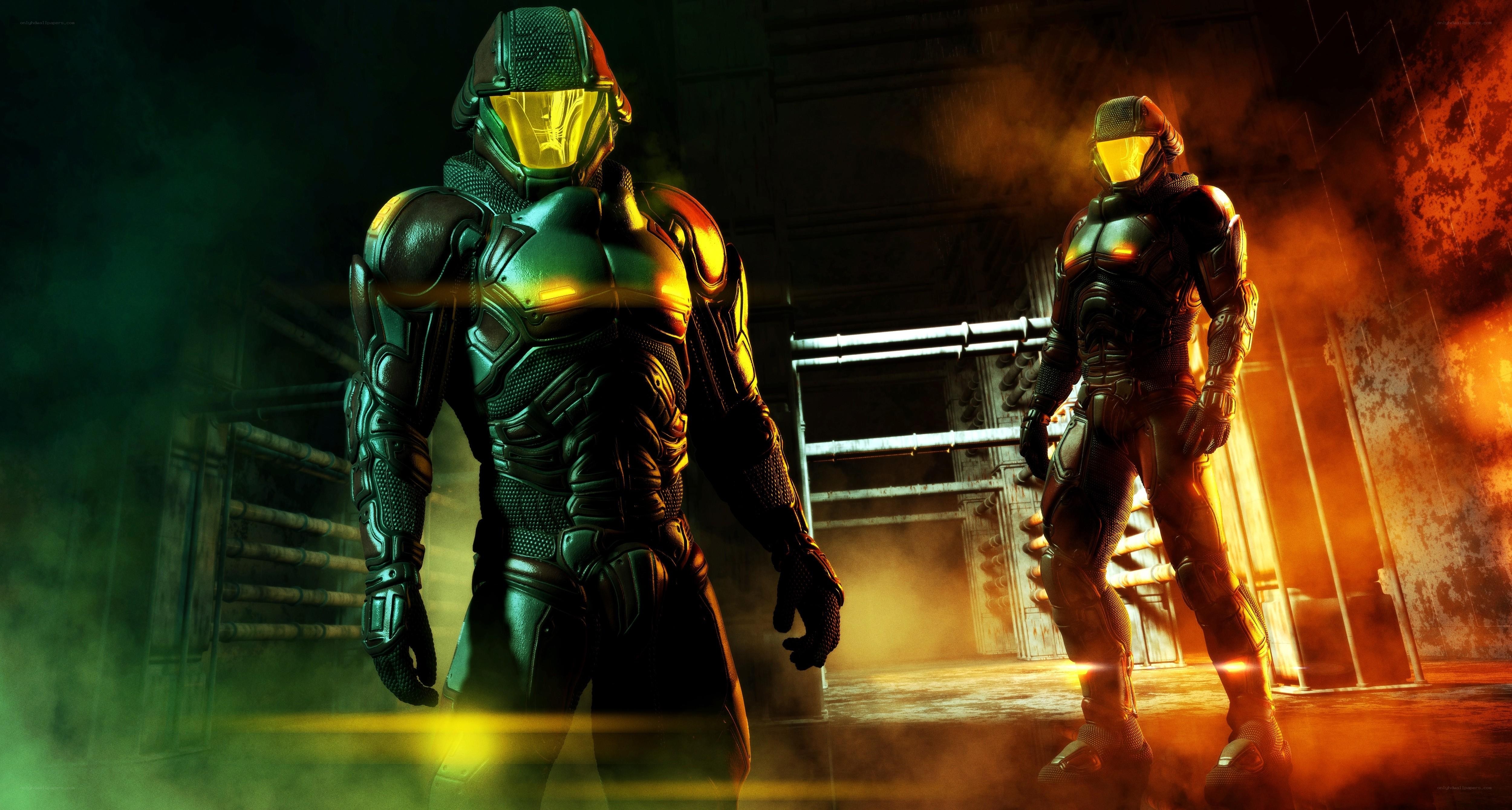 armored soldiers in industrial setting
