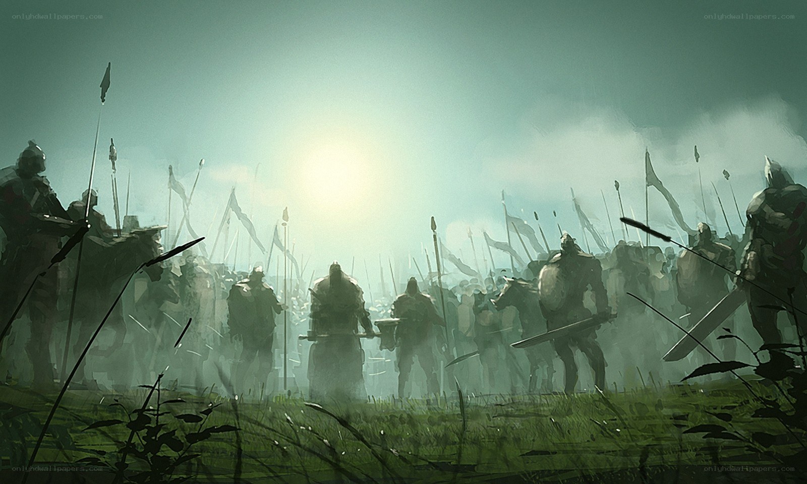 Armored soldiers on a battlefield