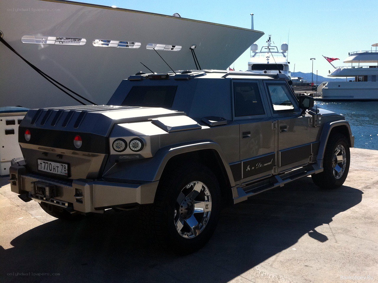 armored SUV at marina