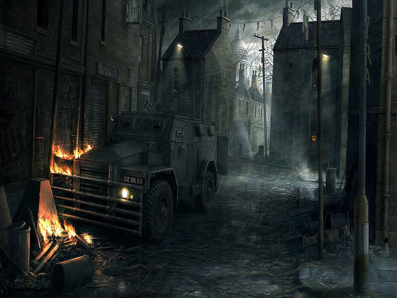 Armored Vehicle in Alley — Gray, Dark