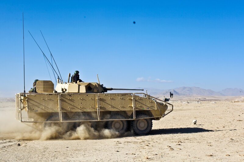 Armored Vehicle in Desert — Blue, Arid