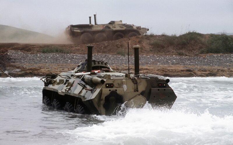 Armored Vehicles in Water — Green, Dramatic