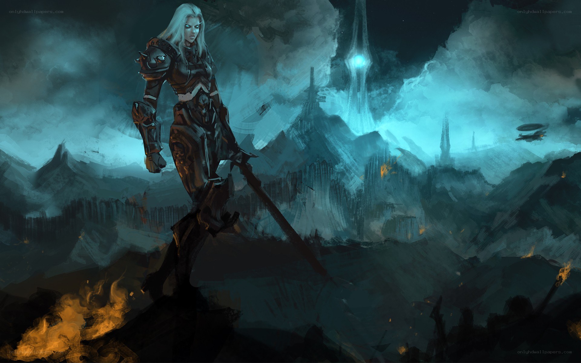 armored warrior in a dark landscape
