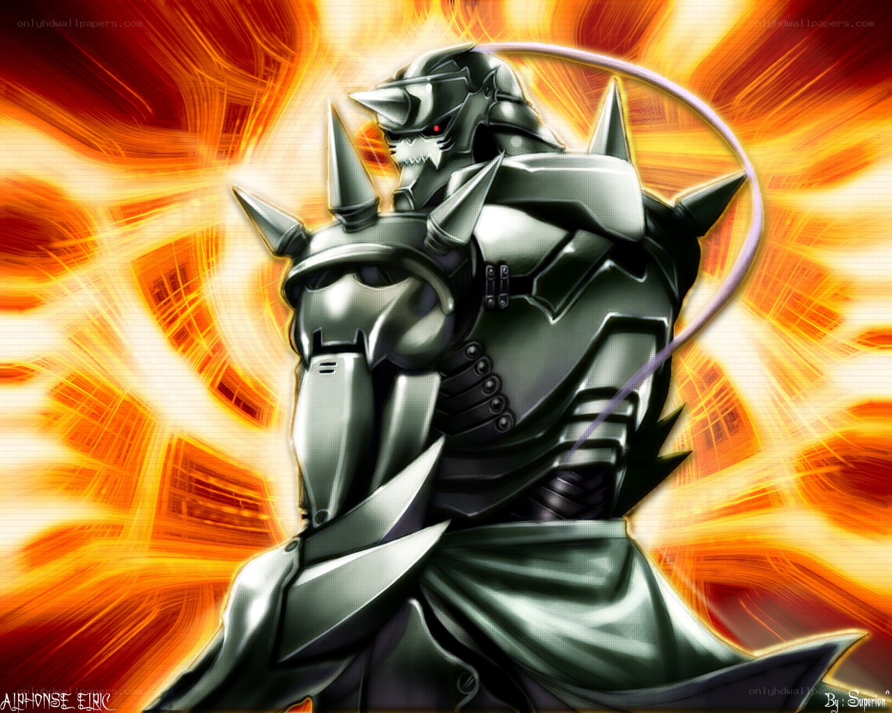 Armored warrior in fiery background