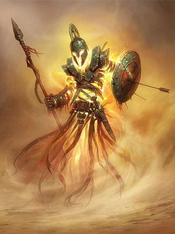 armored warrior in fiery light