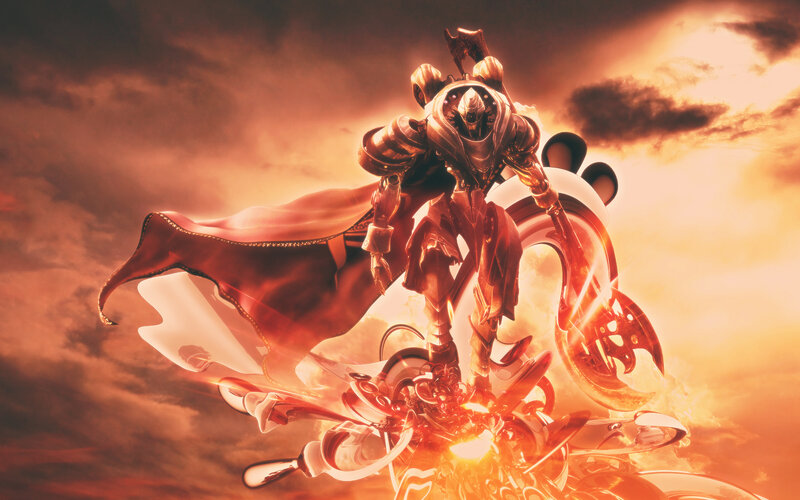 armored warrior in fiery sky