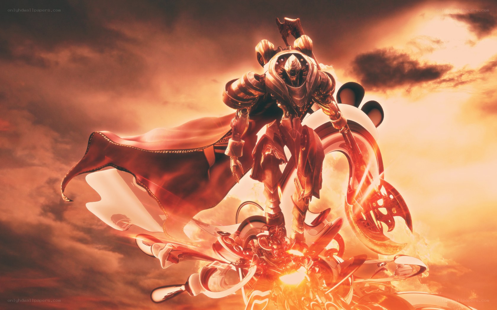 armored warrior in fiery sky