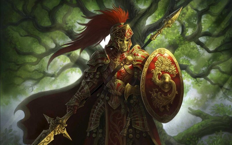 Armored Warrior in Forest — Red, Dramatic