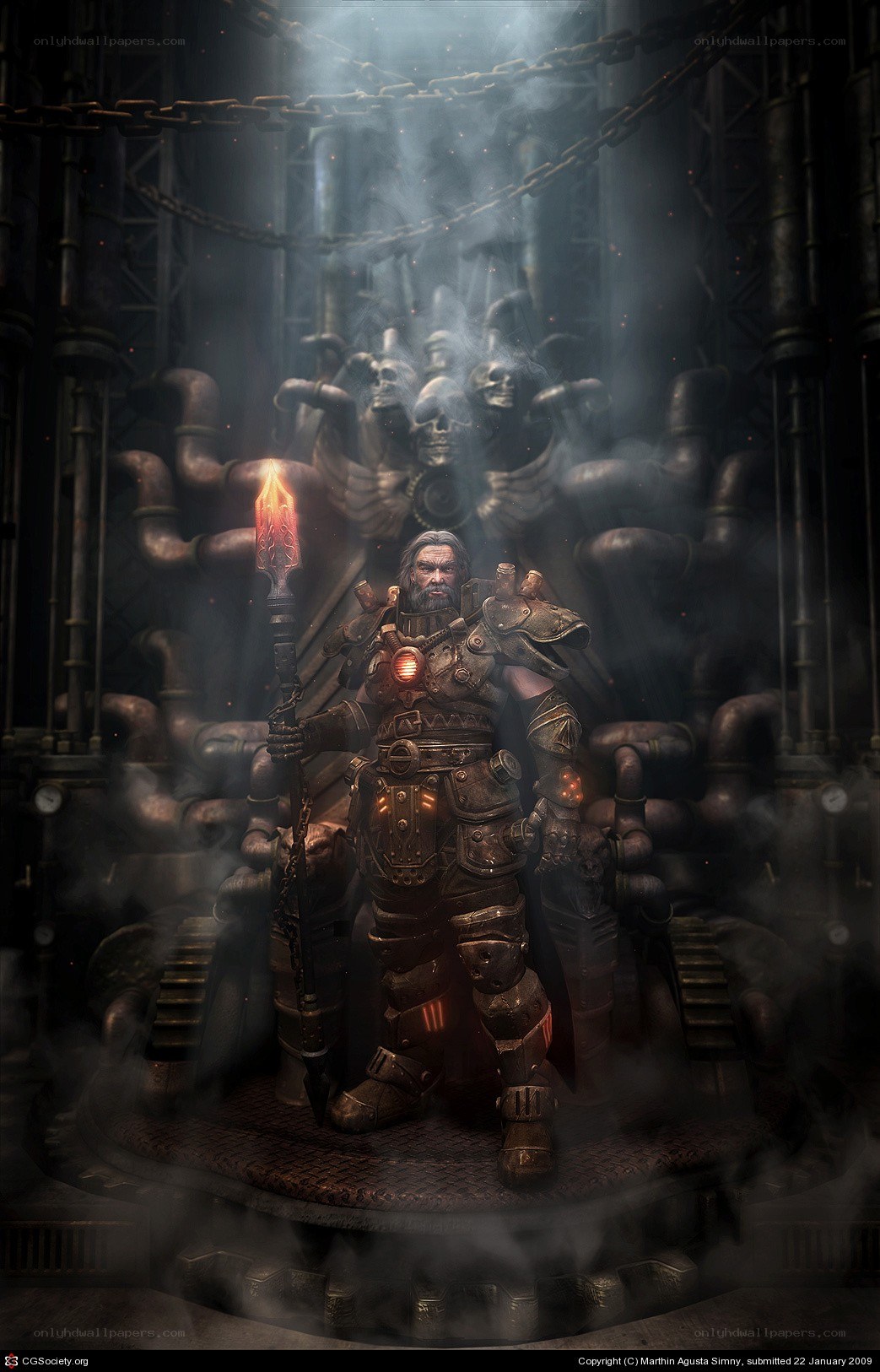 armored warrior in industrial throne