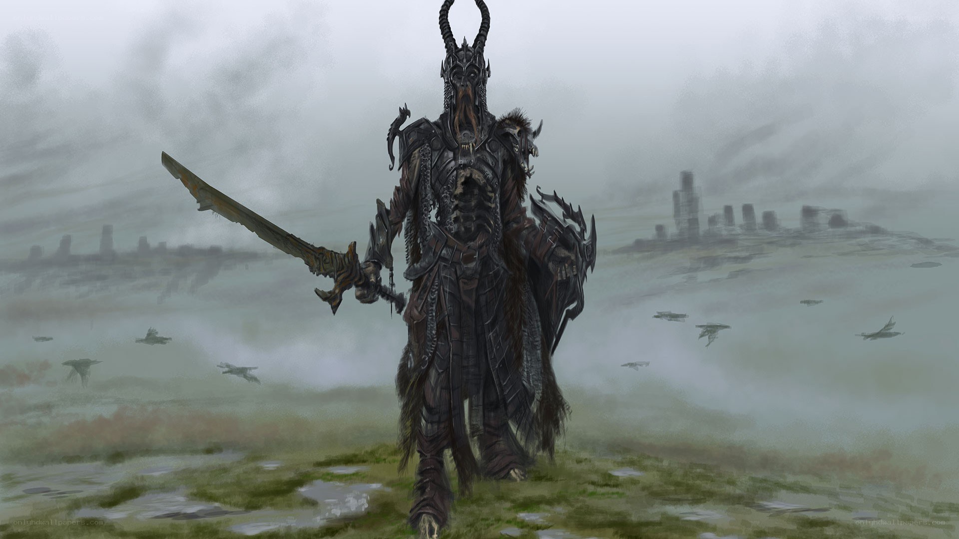 armored warrior in misty landscape