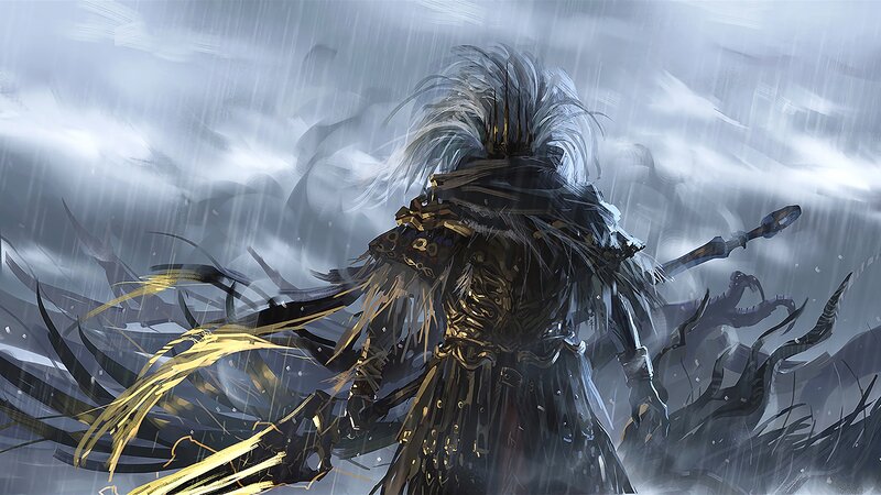 Armored Warrior in Rain — Gray, Dramatic