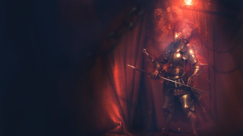 armored warrior in red light