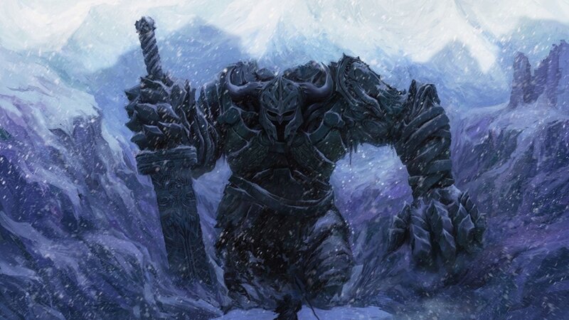 Armored Warrior in Snow — Blue, Dramatic