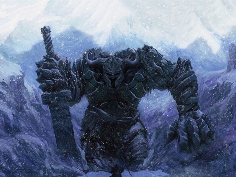 Armored Warrior in Snow — Blue, Dramatic, Winter