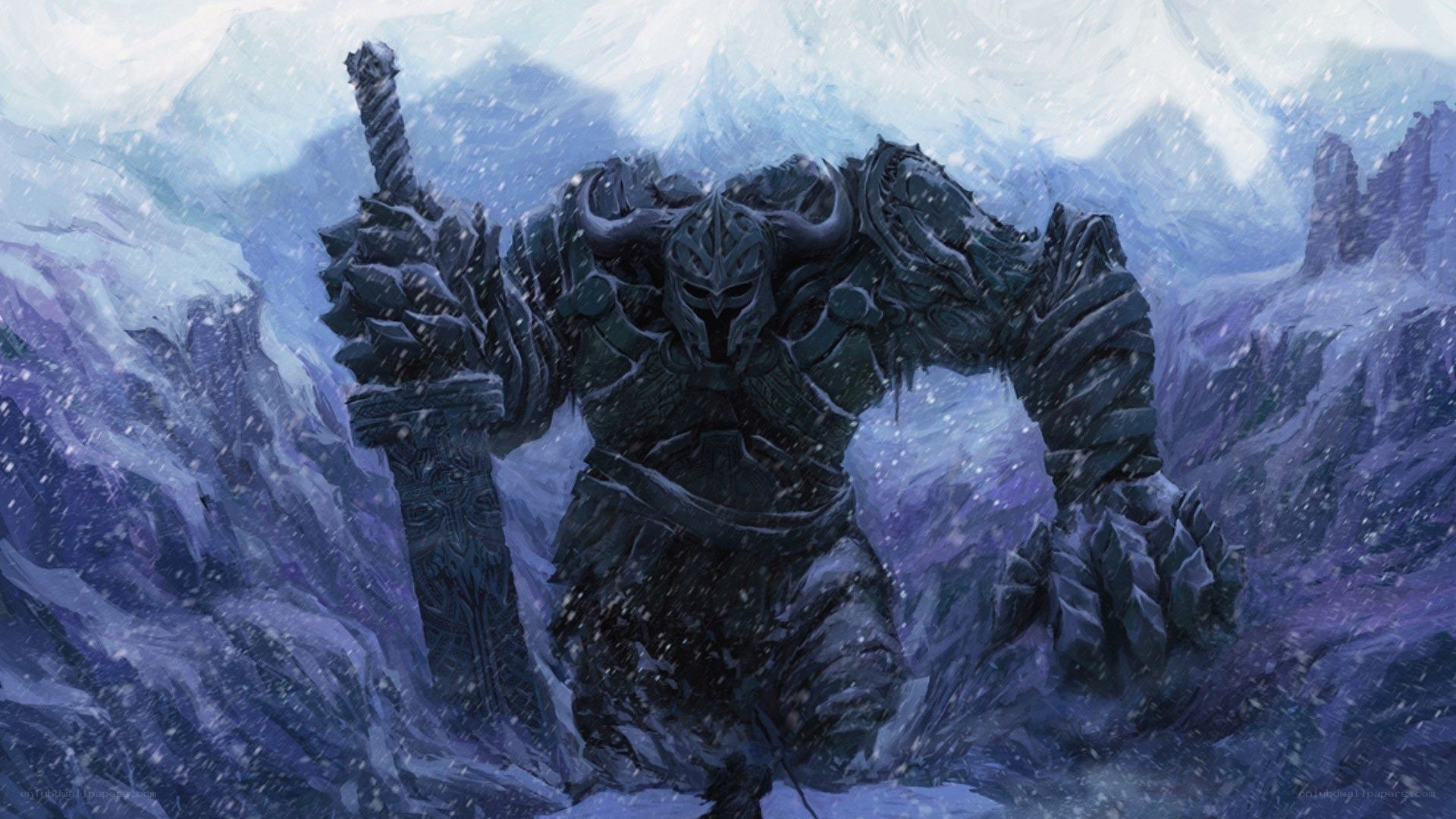 armored warrior in snowstorm