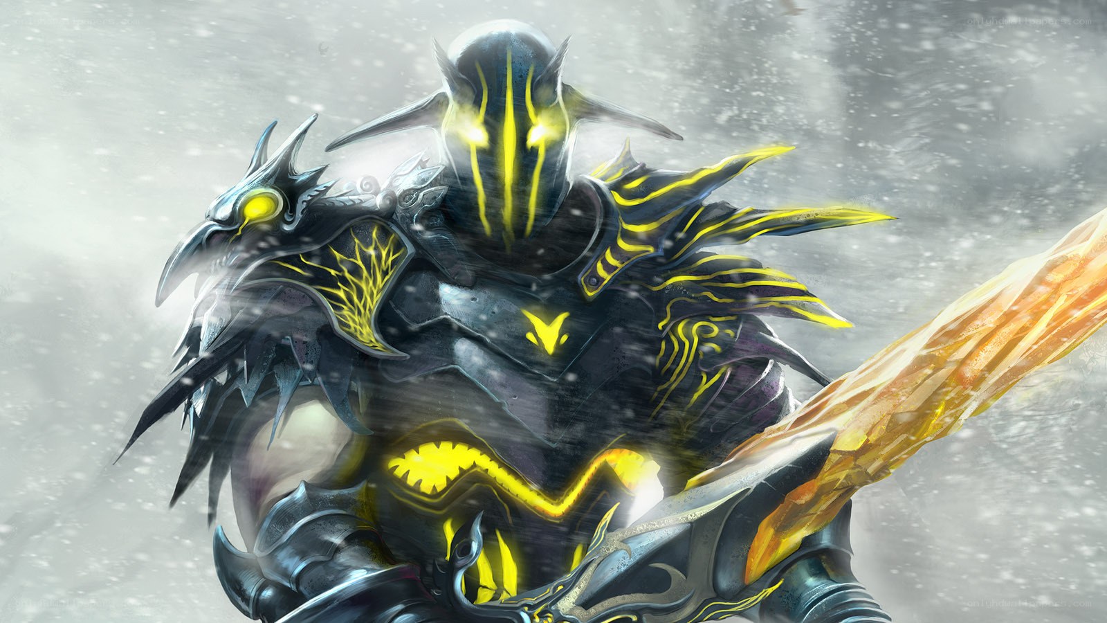 armored warrior in snowstorm