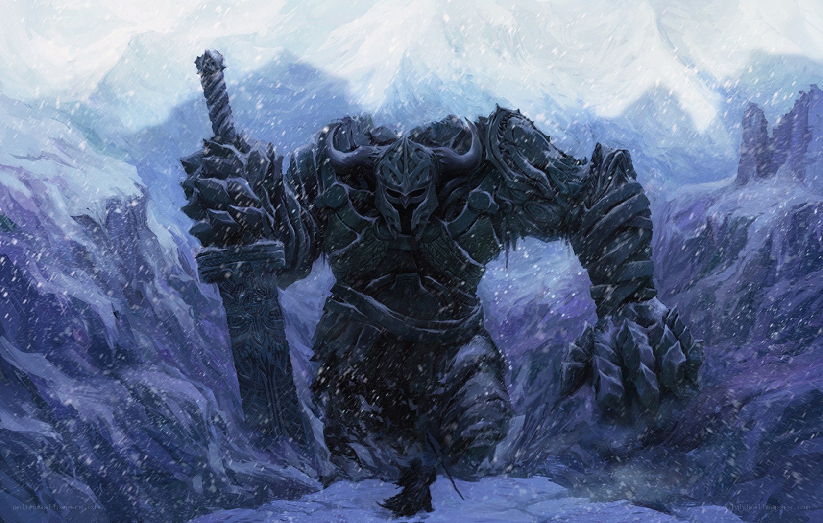 armored warrior in snowy mountains